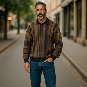 VTG Tundra Canada Men’s Polo Sweater Size L Cotton Mercerized Cable 1/4 Button